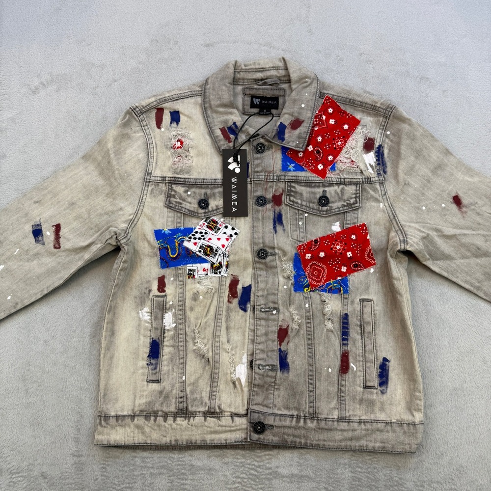 Waimea Denim Jacket Mens Small Gray Bandana Patchwork Paint Splatter Streetwear